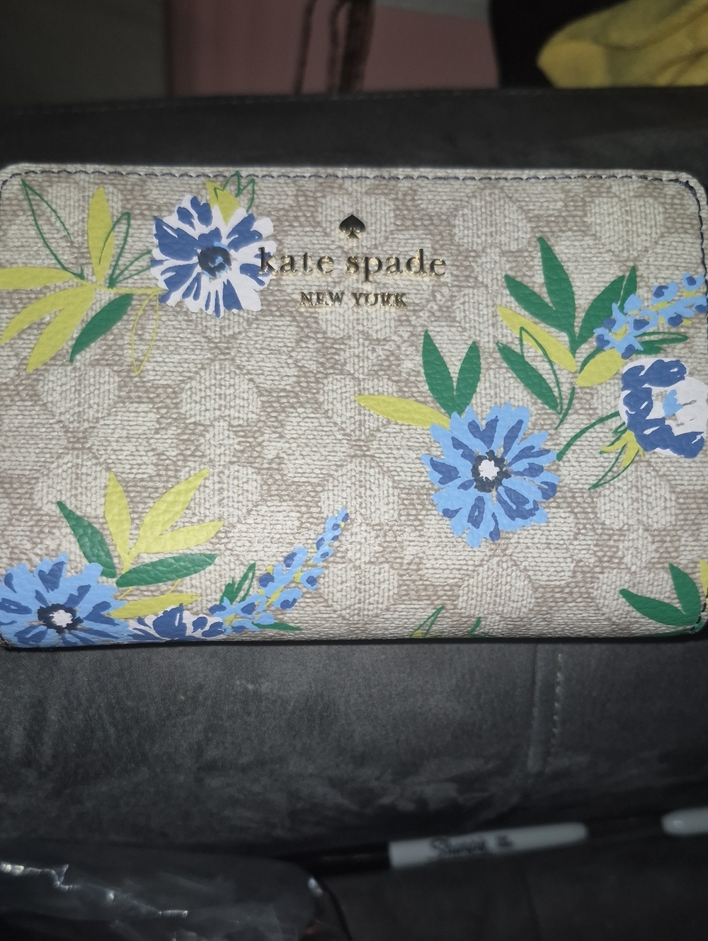kate spade Beige Floral Print Wallet with Blue Flowers